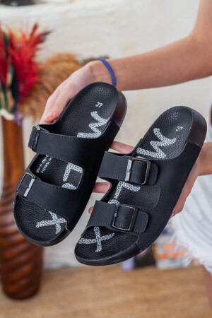 Extra Comfortable Double Buckle Soft Sole Daily Black Slippers - Shoesbag