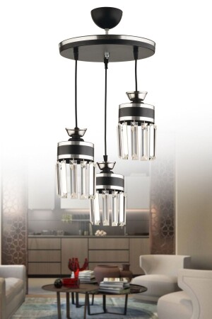 Eylül 3-Piece Pendant Lamp Crystal Stone Black Chrome Gilded Modern Luxury Living Room Chandelier 3010 - KUZEY AYDINLATMA