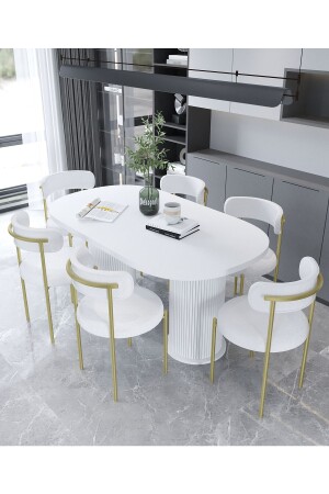 Eylül Table Chair Set Dining Table 6 Chairs Teddy-boucle Fabric 90-160 Cm Table - Dekoport