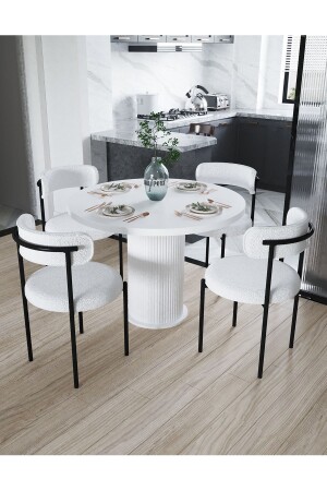Eylül Table Chair Set Round Table 4 Chairs Boucle - Teddy Fabric Kitchen Table Dining Table - Dekoport