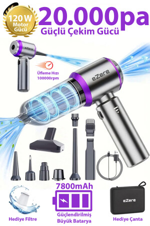 EZERE 7800 mAh Enhanced Battery 20000pa Powerful Portable Cordless Vacuum Cleaner with Air Blower Mini Car Vacuum Cleaner - EZERE
