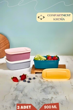 Fach Ksenia 3 Stück 2 Fächer 900 ml Vorratsbehälter mit Deckel – Lunchbox 3 Stück bunt Lv-6552 - LİGROUND