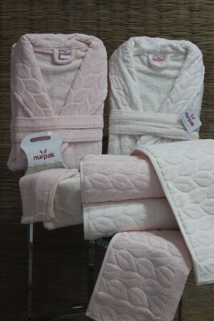 Familien-Bademantel-Set, 8-teilig, 100 % Baumwolle, Pudercreme - Nurpak