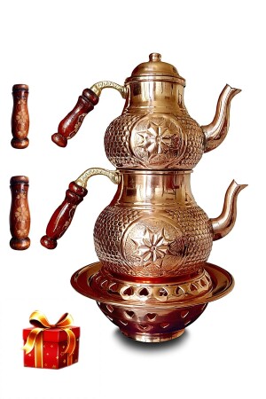 Family Size Handmade Star Honeycomb Staple Balcony Pleasure Copper Teapot Set with Stove - Spare Handle 6291447 - Binbir Trend