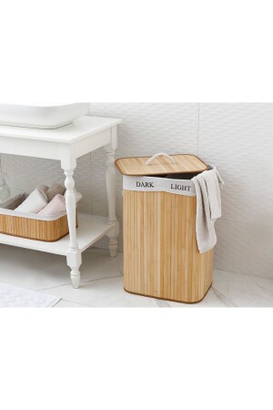 Fancy Bamboo Foldable 2 Compartment Laundry Basket 40x30x60 Cm Beige - English Home