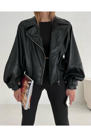 Faux Leather Wide Sleeve Bomber Jacket L - Reymibeyoglu