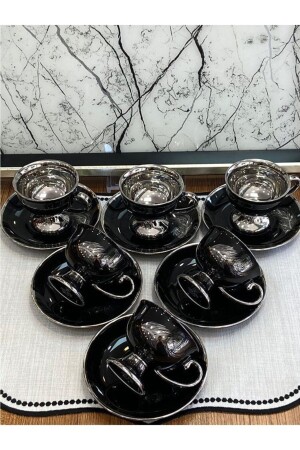 Feather Black Silver Leaf Pattern Porcelain Coffee Cup Set for 6 People Victoria-7000 HARLEM-670 - Sembol