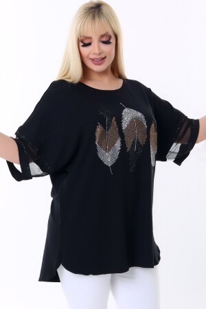 Feather Stone Printed Sleeve End Tulle Striped Crew Neck Flexible, Stylish and Cool Lycra Large Size Blouse - Kheos