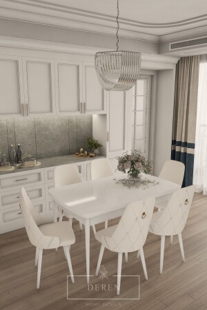 Fier Series Kitchen and Living Room Dining Table Set + 6 Cream Chairs - Deren Home