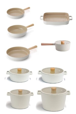 Fika Aluminum Casting 14 Piece Beige Glass Lid Pot Pan Set Fulset - NEOFLAM