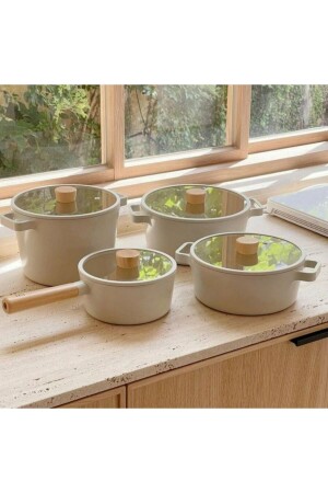 Fika Cast Aluminum 8 Piece Beige Glass Lid Cookware Set 8974569 - NEOFLAM