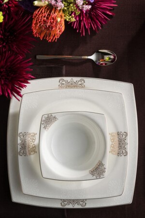 Fine Bone New Lotus 60 Piece Square Dinner Set for 12 Persons 153. 03. 07. 8282 - Karaca