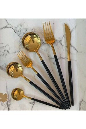 Fırat 36 Piece Gold Cutlery Set with Black Handle for 6 Persons Fıratsiyahgold - PAPATYAMDEKOR ZÜCCACİYE