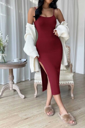 Fitted Strappy Flexible Knitted Slit Midi Below Knee Dress - Merry See