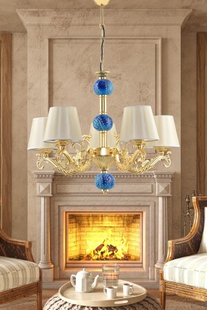 Five Armed Zamak Chandelier Gold Blue Tiled with Gold Hat BŞZMKGLDGLDŞP - DEDE
