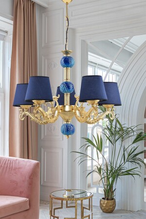 Five-Armed Zamak Chandelier with Gold Blue Tiles and Blue Hat BŞZMKGLDMVŞP - DEDE