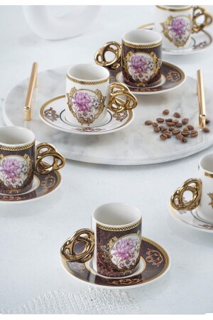 MNZ-Flonal Flower Motif Pattern ذهبية 6 أشخاص كوب قهوة البورتسلين مجموعة 0136 SHP-22-0136/12 - ACAR