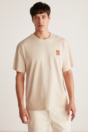 Floraıson Herren-T-Shirt in Beige mit Rundhalsausschnitt aus 100 % Baumwolle in Übergröße - Grimelange