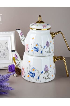 Floral Enamel Teapot Set, Spring Pattern Floral Gold Handled Enamel Teapot dop14212406igo - PORLİSTAN