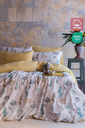 Floral Patterned Yellow Blue Floral Gray King Size Duvet Cover Set Sleeping Set 240x220 - Leruum London