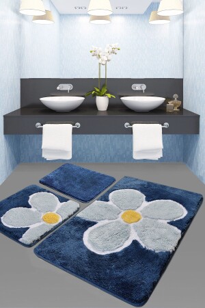 Flower Blue Acre 3-teiliges Badezimmerteppich-Set 8683264339998 - Chilai Home