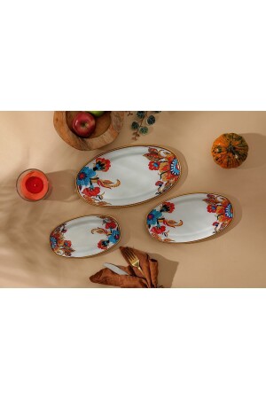 Flower Pattern Oval Boat Plate 3-Piece Presentation Holder Snack Bowl 3-Piece flower pattern boat - GÜRCÜGLASS