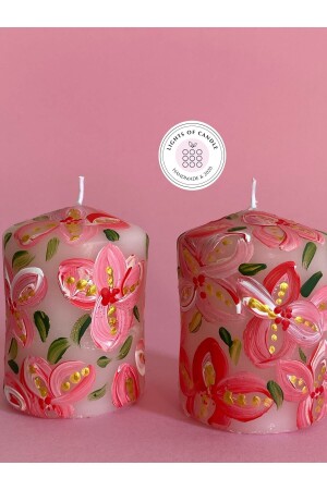 Flower Patterned Hand Painted Set of 2 Block Candles - Lıghts Of Candle Handmade & 2020