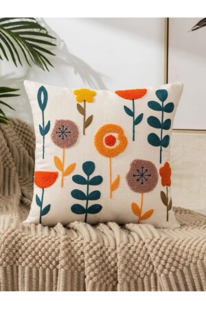 Flows Floral Punch Punch Embroidered Special Design Orange Green Decorative Throw Pillow Case 45*45 Cm - Bedco