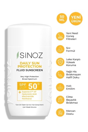 Flüssiger Sonnenschutz für das Gesicht mit Lichtschutzfaktor 50 für den täglichen Gebrauch – Hybridformel mit Sonnenfiltern der neuen Generation, 50 ml - Sinoz