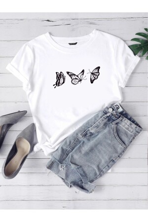 Flying Butterflies Single Jersey T-Shirt - White Printed Oversize Crew Neck Short Sleeve T-Shirt - Dubu Butik