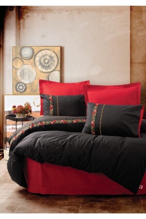 Folk Art Double Duvet Cover Set Flori Black nd_8680108055410 - Cotton Box