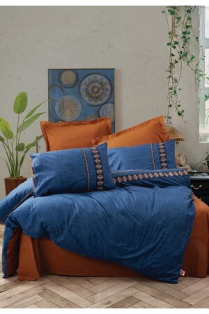 Folk Art Double Duvet Cover Set Lusso Navy Blue nd_8680108055427 - Cotton Box
