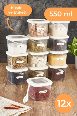 Foly Set of 12 Small Size 0.55 Liter Labeled Square Food Storage Container with Spoon White BNM12LI - Vienev