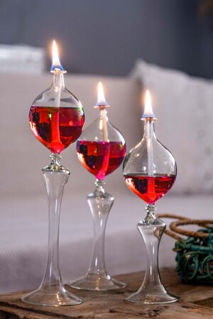 Footed Drops Candlestick Glass Oil Lamp Set of 3 Oil Lamp Red SHB0020220010 - Shabbo Glass
