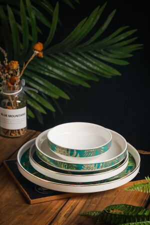 Forrest Modern Gold 24-teiliges rundes Tafelservice aus Porzellan mit Waldmuster für 6 Personen VF187 - Vadi
