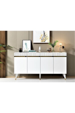 Four-Door Laser Patterned Defne Console White-gold DEFNEKNS - DEMONTE DECOR