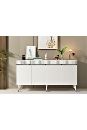 Four-Door Laser Patterned Defne Console White-silver DEFNEKNS - DEMONTE DECOR