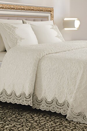 Französische Spitze, geschnürtes 6-teiliges Deckenset Creme (DOWWERY BOX) sh02 - STEEL HOME COLLECTİON