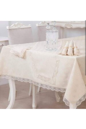 French Guipure Kdk Fabric Dining Table Set Cream 18 Piece with Runner - Köşem Çeyiz
