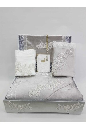 French Guipure Storage Prayer Rug Set Velvet Bundle Set Gray - Eylül