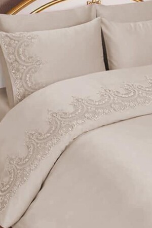 French Guipure Sultans Duvet Cover Set Cappucino 177274 - Çeyiz Diyarı