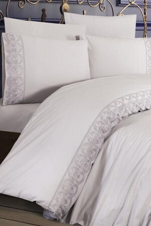 French Lace Kure Dowry Duvet Cover Set Gray CD445260 - Çeyiz Diyarı