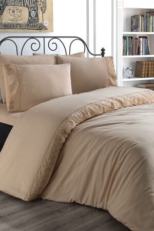 French Lace Suzan Dowry Duvet Cover Set Cappucino CD445842 - Çeyiz Diyarı