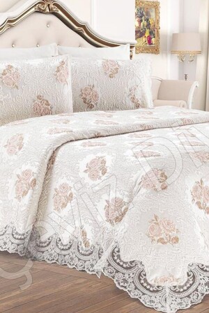 French Laced Roseart Pique Set Cream - Çeyiz Diyarı