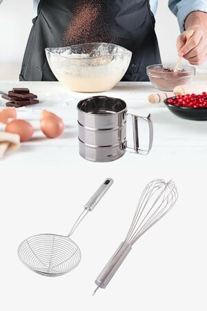 Frying Colander, Fat Strainer, Steel Wire Ladle Strainer + Flour Sugar Sieve Strainer And Beater fd223g3 - UNDERGROUND TRADE
