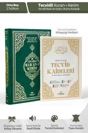 Furkan Publishing FN Medium Size Computer-Printed Arabic Quran with Gold Leaf Cover, Thermo Leather, and Tajweed (Recitation of the Quran) - Dark Green - Furkan Neşriyat