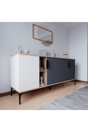 Furniture Style Console 4 Doors, Shelves, 180 Cm, Dining Room, Office, Living Room Unit (WHITE-ANTHRACITE) Trz12564 - ALONEX HOME