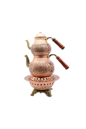 Gaziantep Heavy Hand Embroidered Large Size Copper Teapot and Heater Set Model 2 CCA1066 - COPPERDONE