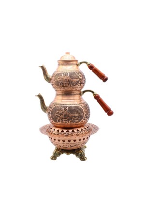 Gaziantep Heavy Hand Embroidered Large Size Copper Teapot And Heater Set Model 4 CCA1068 - COPPERDONE