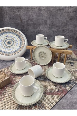Gemustertes, modernes, schlichtes Porzellan-Kaffeetassen-Set für 6 Personen, Kaffeetasse, Nescafe-Tasse, türkisch - RUBİ PORSELEN